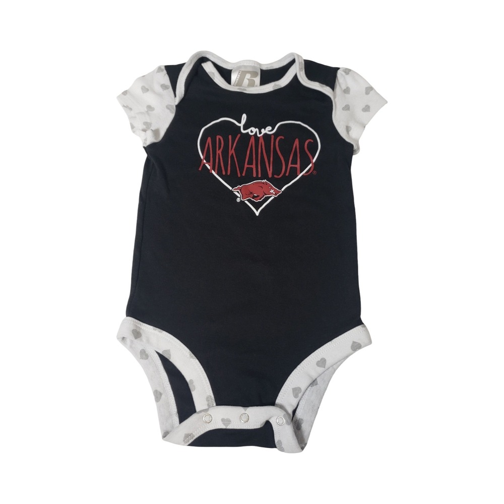 Russell Athletic Arkansas Razorbacks Love Heart Bodysuit Black White 6-9M
